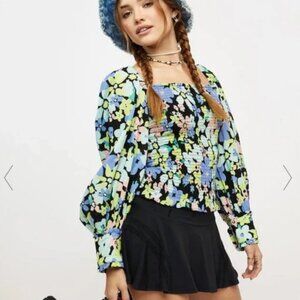 Free People Floral Ariana Printed Multicolor Smocked Retro Vibes Y2K Top XS